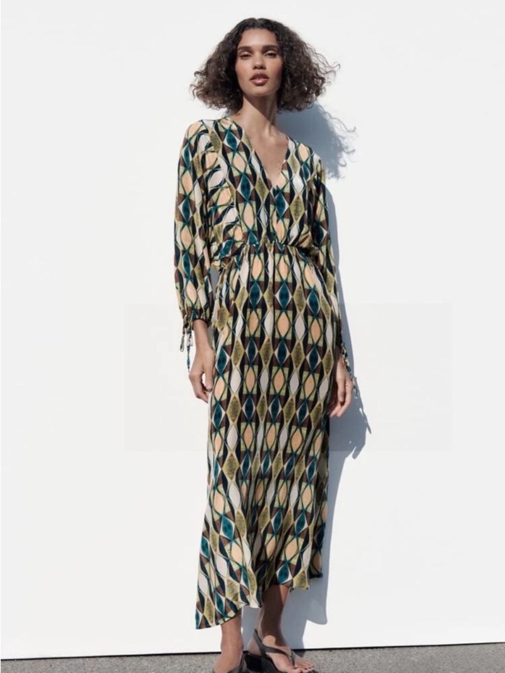 Zara Teal Green Geometric V-Neck Maxi Dress